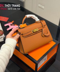 Túi xách nữ HM Kelly màu nâu size 19 cm mini nhỏ xinh tag vàng nổi bật