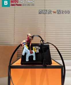 Túi xách đeo chéo Hermes kelly size 20 cm màu đen da swift mềm mịn khóa vàng nổi bật