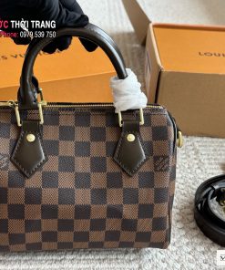 Túi xách LV speedy màu nâu kẻ ô vuông size 20 cm dây da đeo chéo