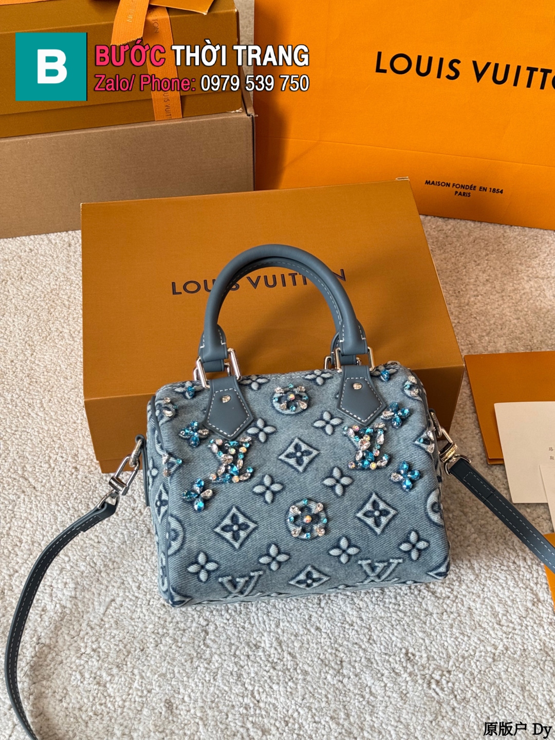Túi xách LV speedy màu xanh vải denim size 20 cm nhỏ xinh