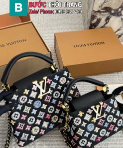 Túi xách cầm tay LV capucines màu đen size 20 cm và 27 cm họa tiết monogram lấp lánh nổi bật