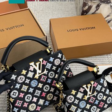 Túi xách cầm tay LV capucines màu đen size 20 cm và 27 cm họa tiết monogram lấp lánh nổi bật