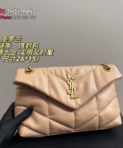 Túi xách nữ YSL LouLou Puffer màu nâu size 26x15 cm dáng phong bì da mềm mại