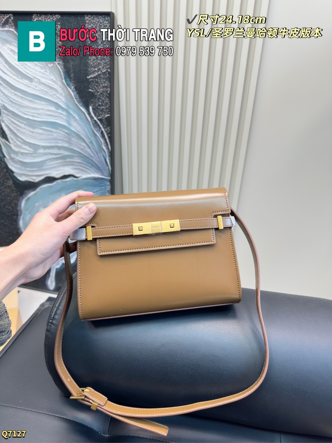 Túi xách YSL Manhattan màu nâu size 24x18 cm da trơn láng mịn