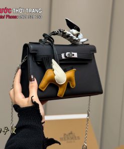 Túi xách đeo chéo HM kelly màu đen da bò size 22x13 cm kèm ngựa
