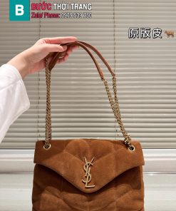 Túi xách đeo chéo YSL Puffer màu nâu da lộn size 24x17 cm