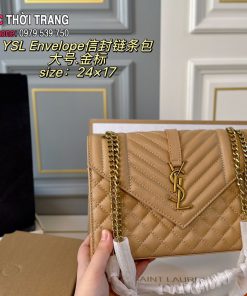 Túi xách đeo chéo YSL envelope màu nâu da hạt bền bỉ dây đeo vàng sáng nổi bật