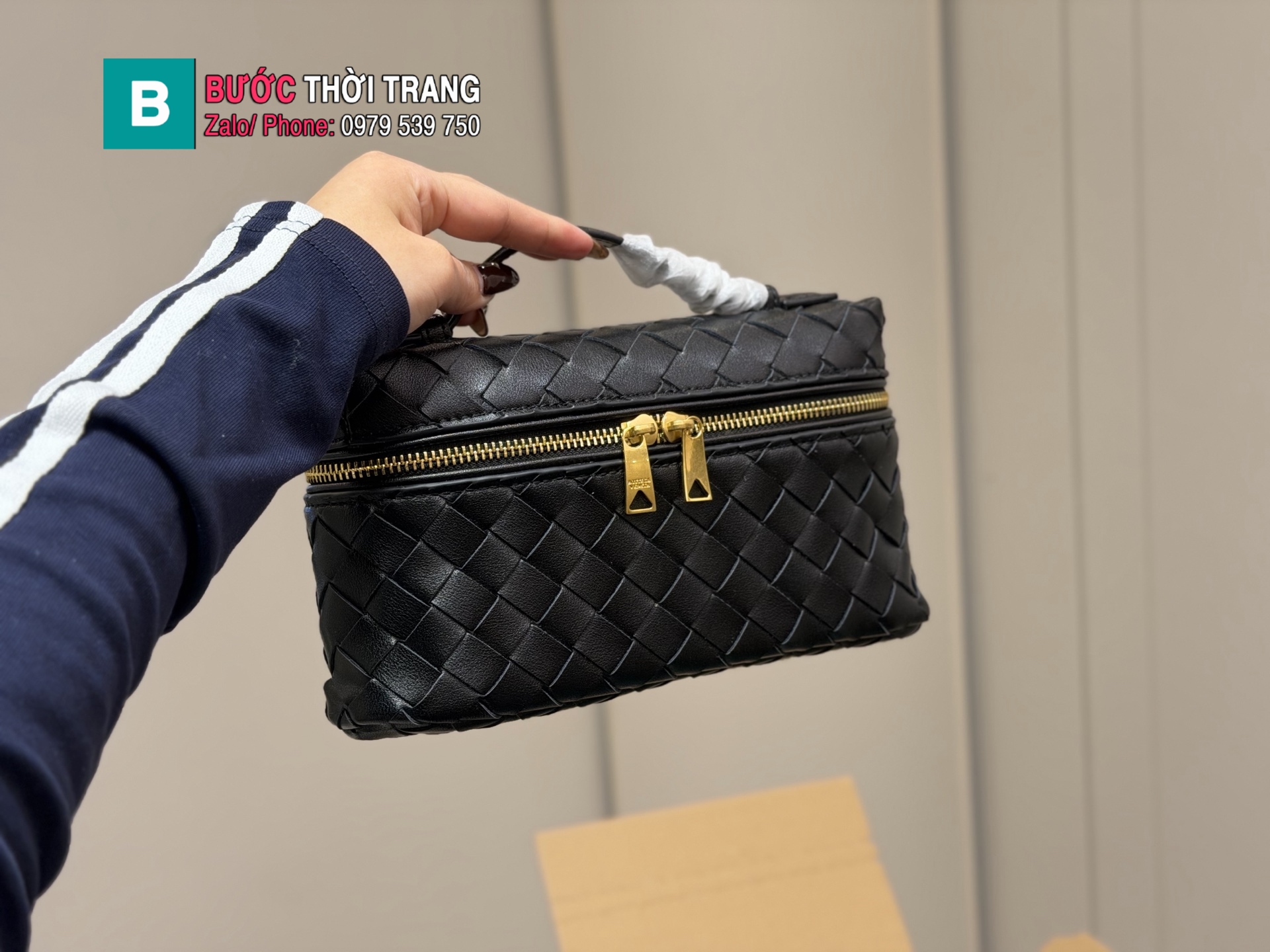 Túi xách nữ BOTTEGA màu đen da bò cao cấp size 23x13 cm thiết kế da đan sang trọng