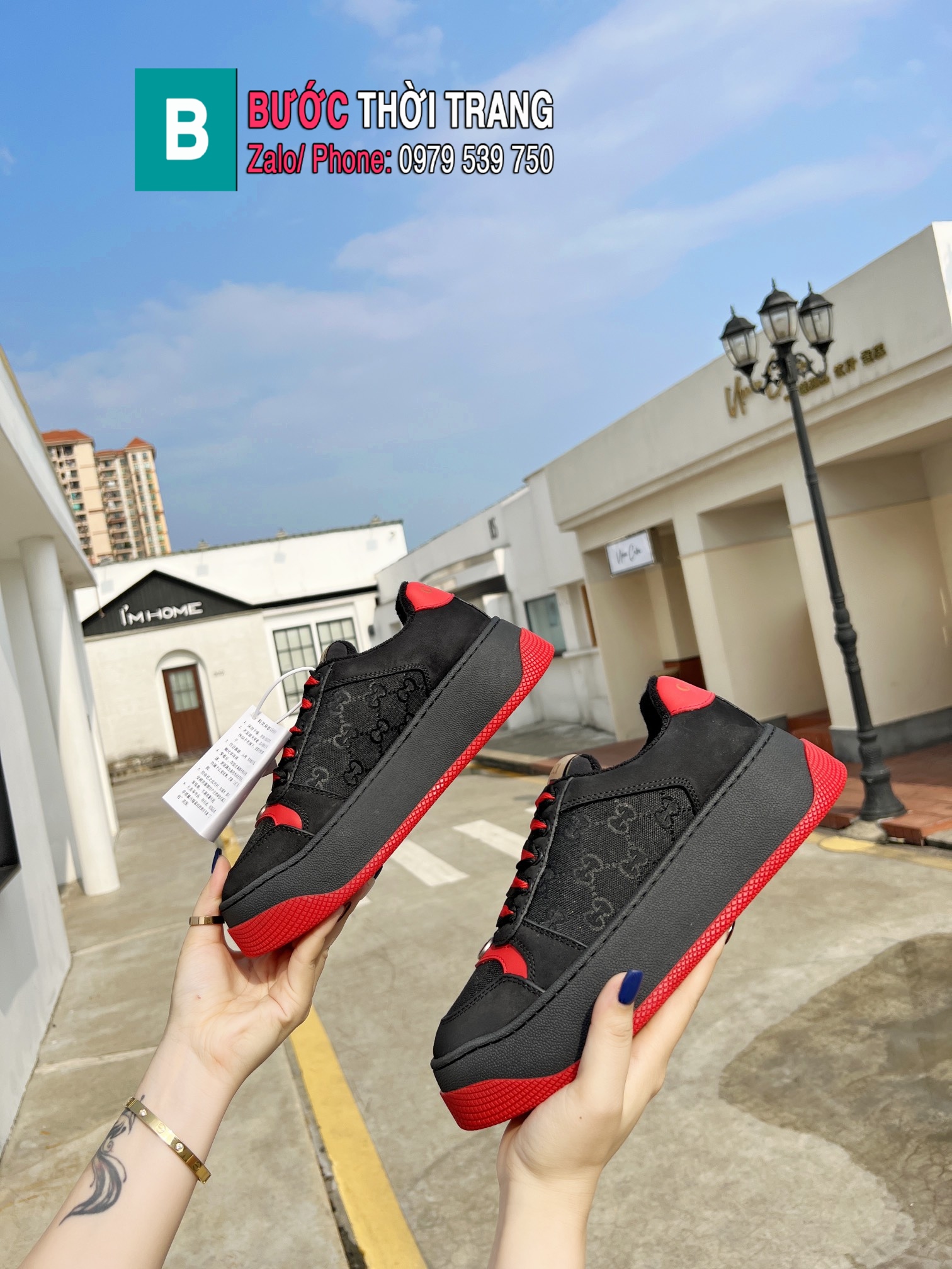 Giày Gucci GG Canvas Purple đế cao 6cm tôn dáng màu đen đế đỏ cá tính form bánh mì