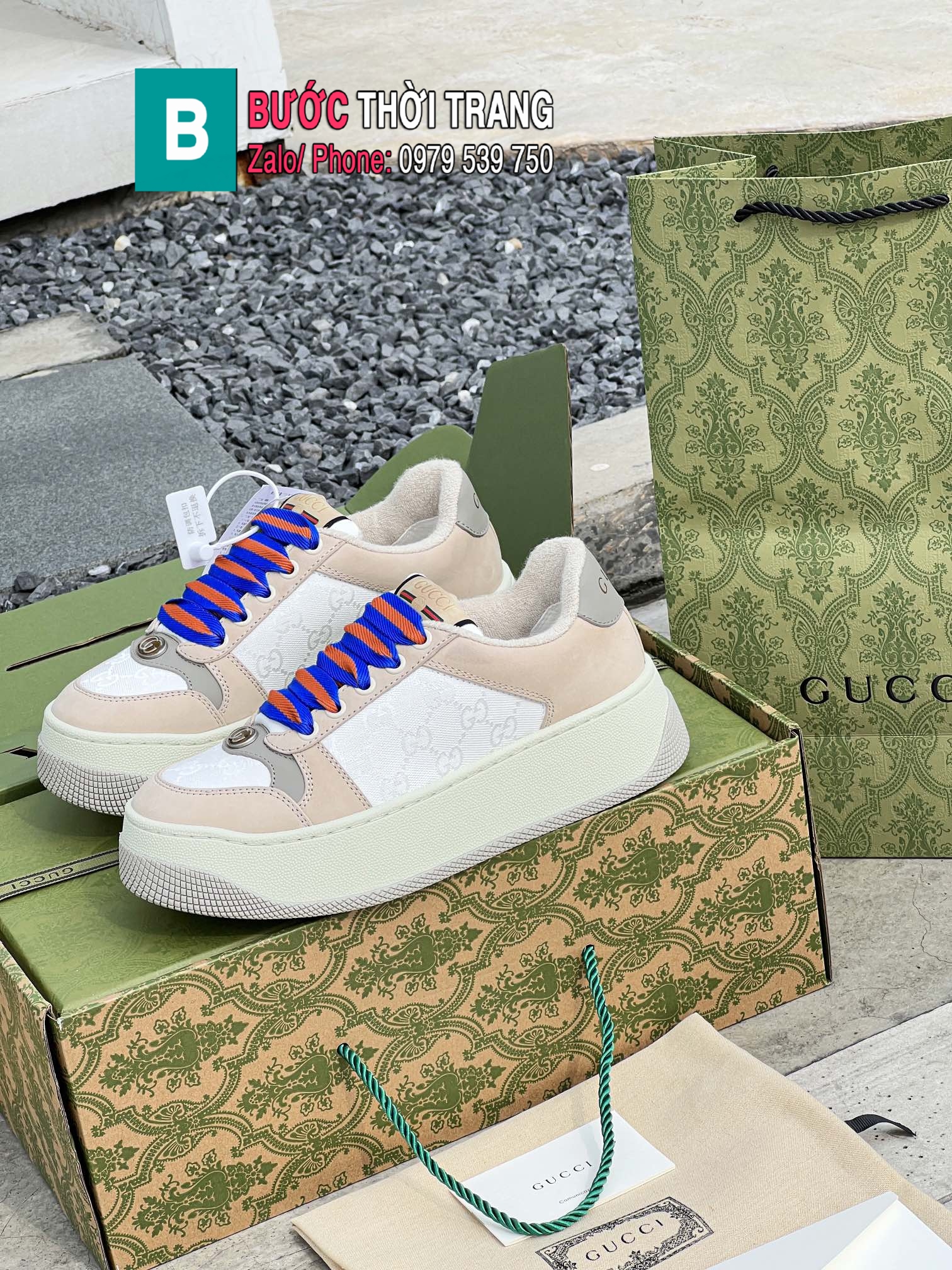 Giày Gucci GG Canvas Purple đế cao 6cm tôn dáng màu be nâu dây tím cá tính form bánh mì