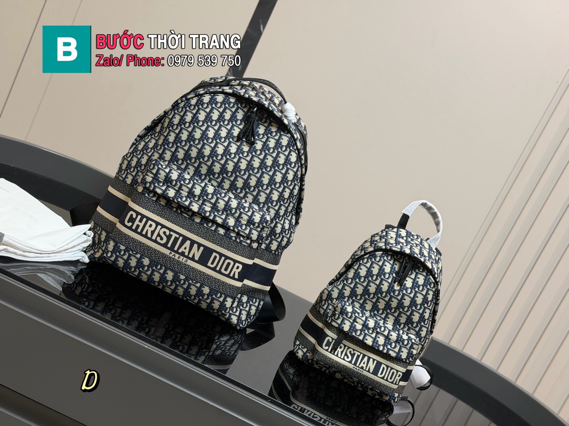 Ba lô Dior màu xanh đen chất liệu vải cao cấp size 21x27 cm và 32x40 cm.
