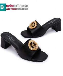 Dép cao gót LV màu đen đế vuông phong cách sang trọng