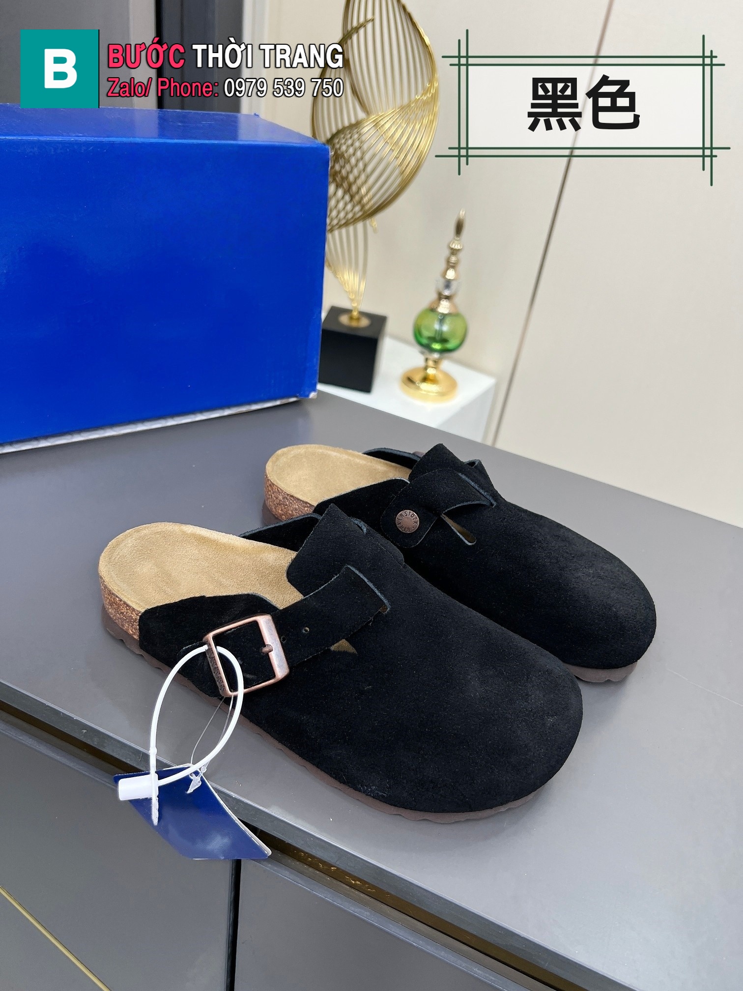 Giày Birkenstock màu đen da lộn phong cách tối giản thanh lịch