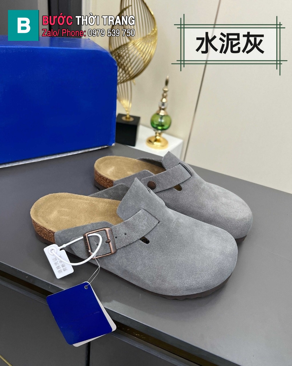 Giày Birkenstock màu lông chuột da lộn phong cách tối giản thanh lịch