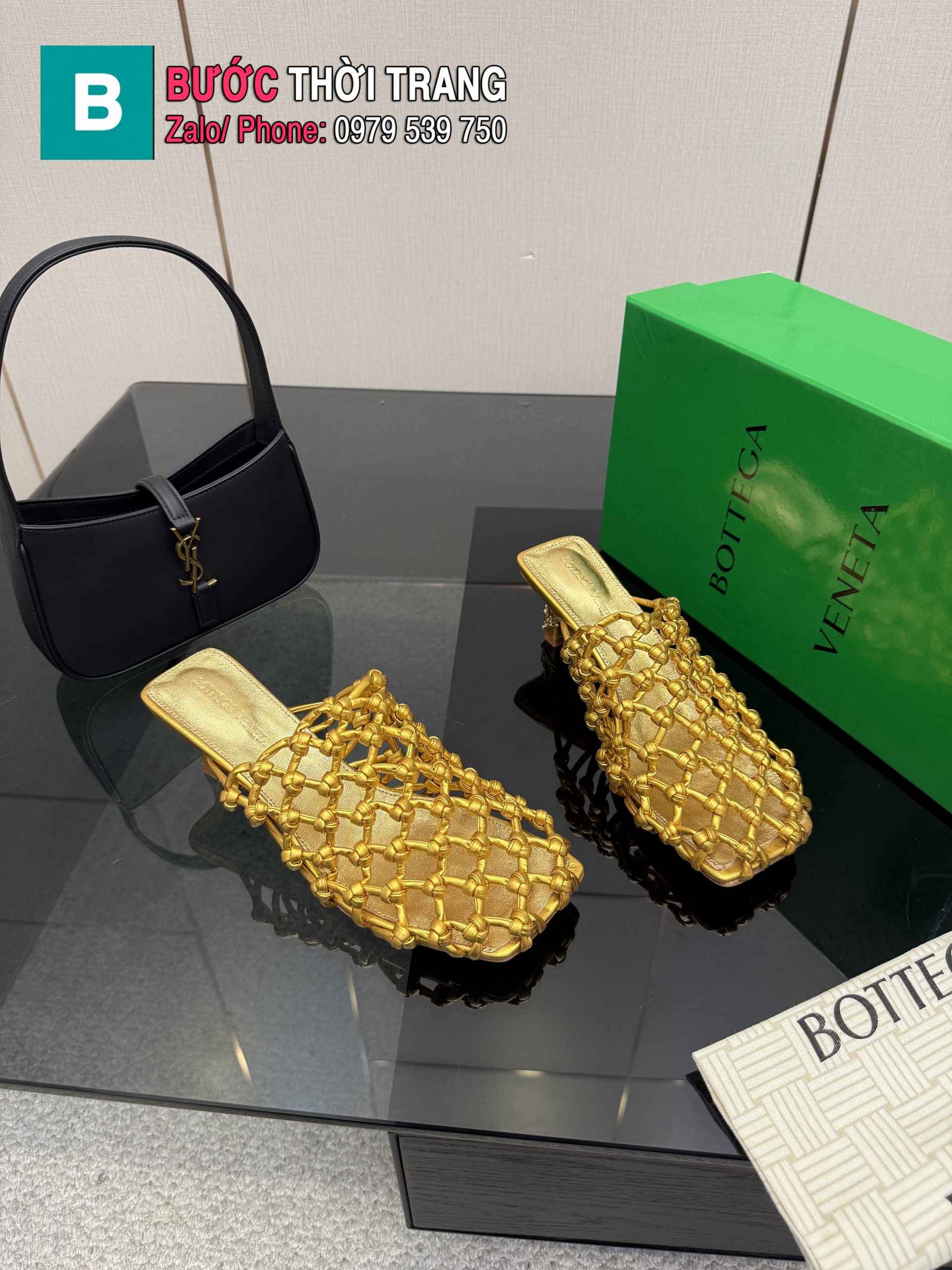 Giày cao gót Bottega Veneta màu vàng da lưới đan cao cấp