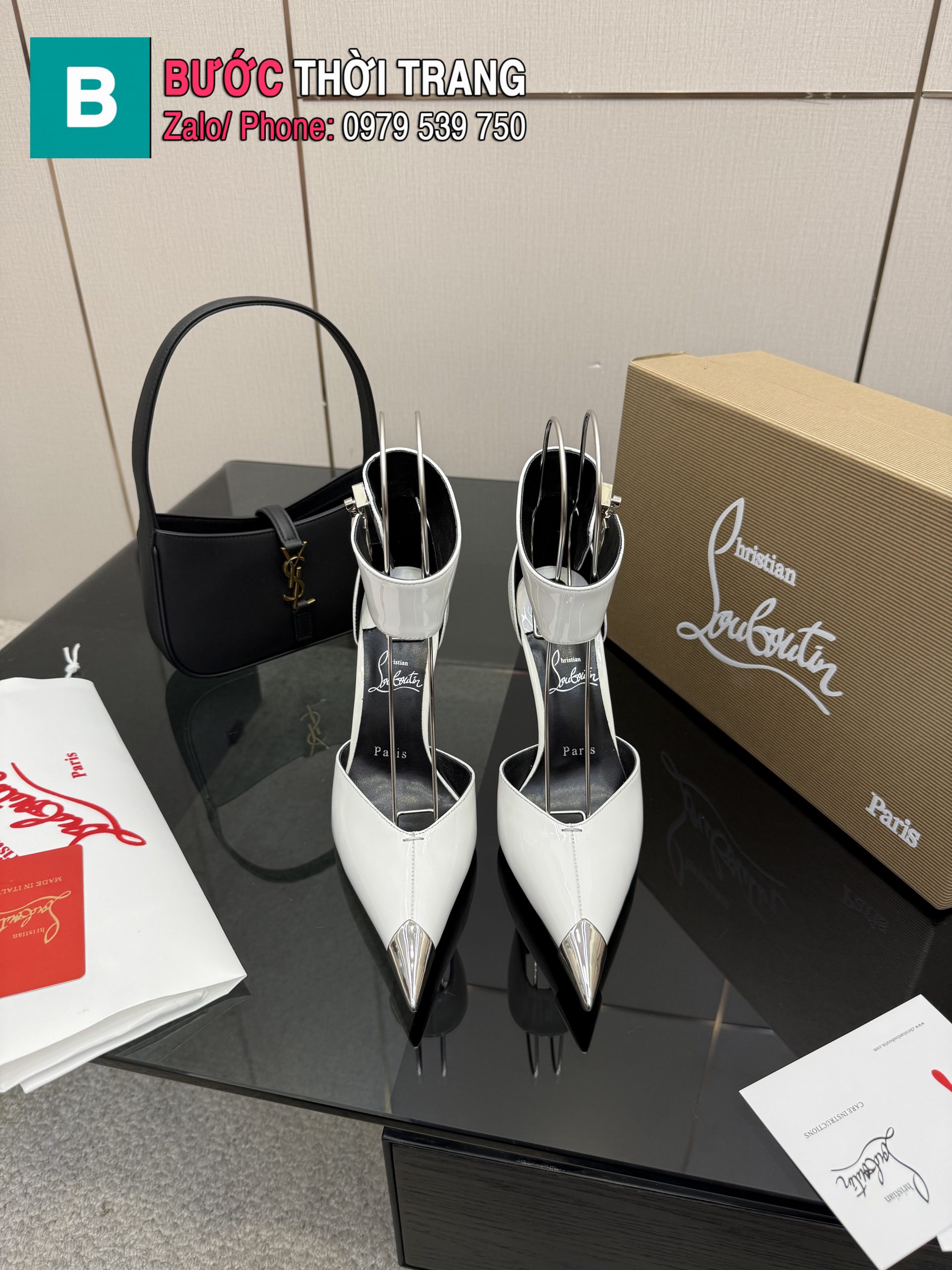 Giày cao gót Christian Louboutin màu trắng gót đỏ mũi nhọn đế cao 10,5 cm
