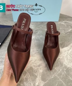 Giày cao gót PRADA màu nâu socola chất liệu lụa satin tơ tằm cao cấp đế cao 8,5 cm