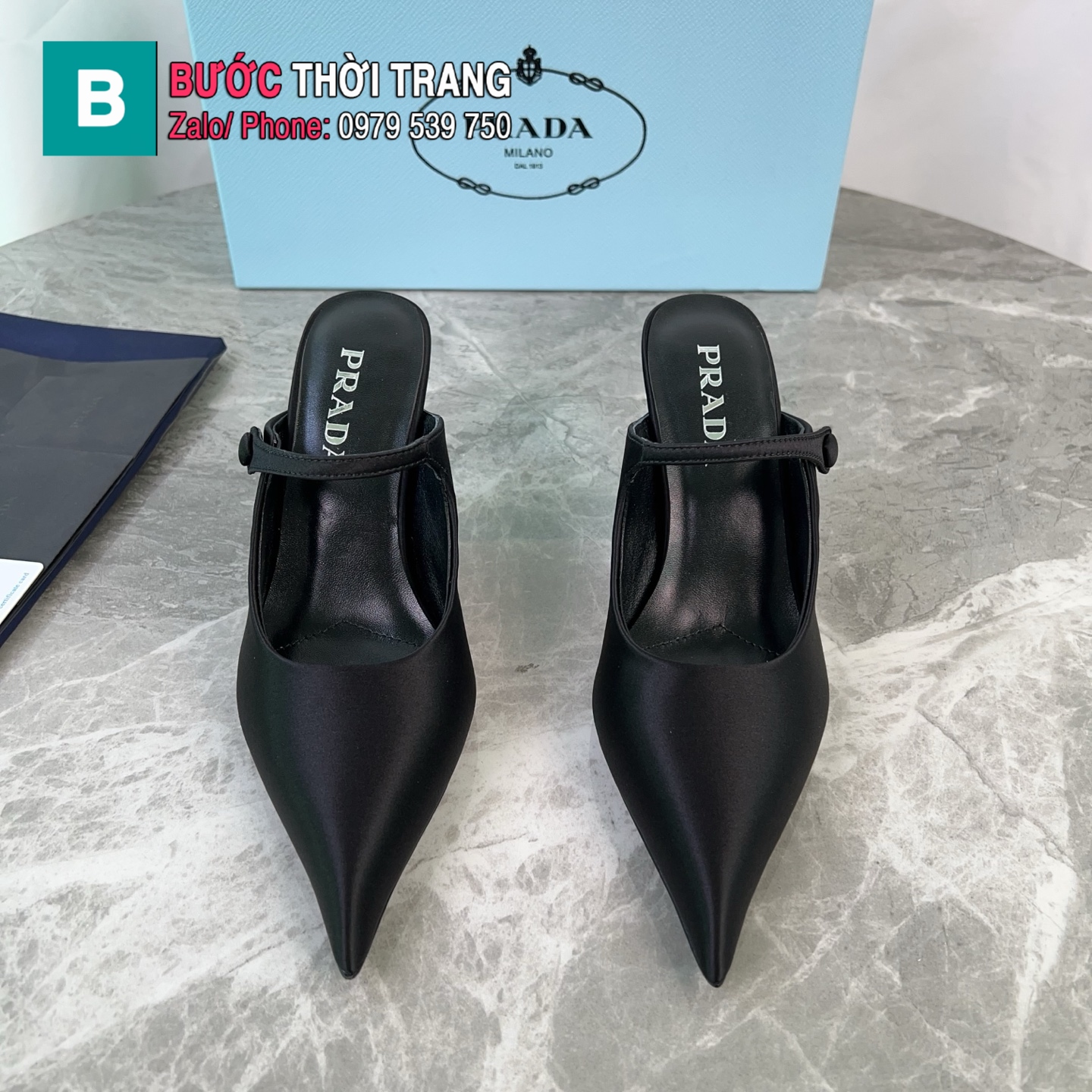 Giày cao gót PRADA màu đen chất liệu lụa satin tơ tằm cao cấp đế cao 8,5 cm