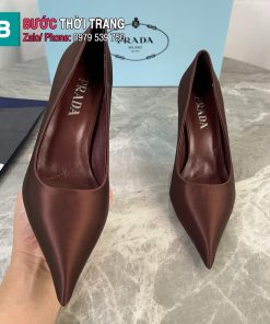 Giày cao gót PRADA màu nâu socola chất liệu lụa satin tơ tằm cao cấp gót nhọn cao 8,5 cm