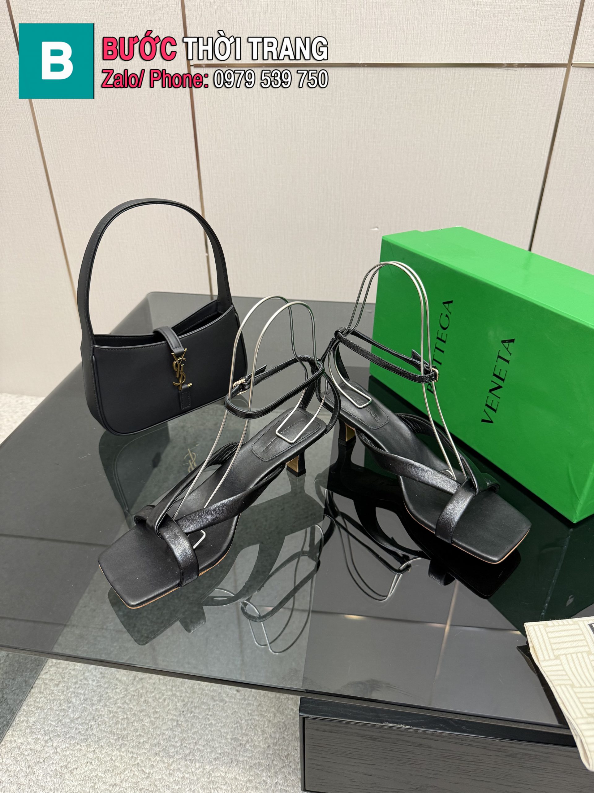 Giày cao gót Bottega Veneta màu đen da bò cao cấp thiết kế mũi vuông