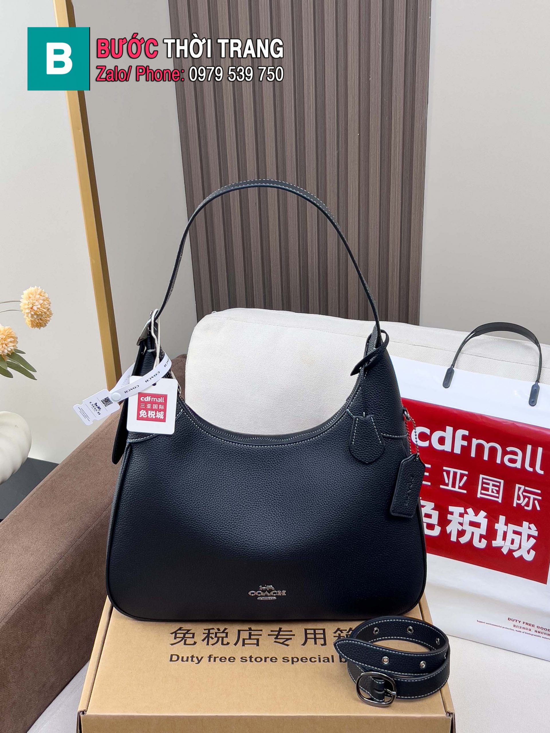 Túi kẹp nách COACH Ella màu đen da mềm size 35.5x32.5x6 cm
