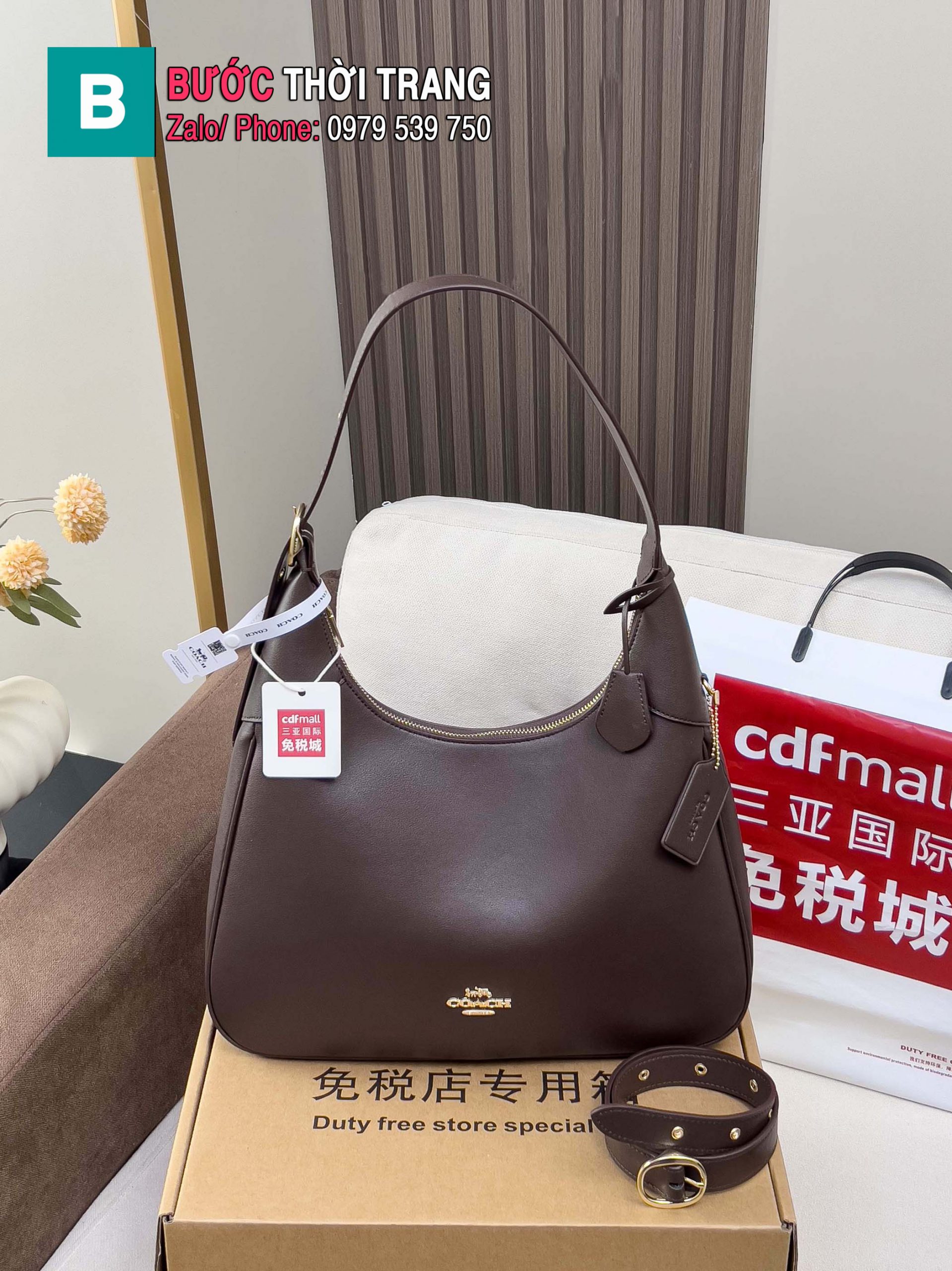 Túi kẹp nách COACH Ella màu nâu socola da mềm size 35.5x32.5x6 cm