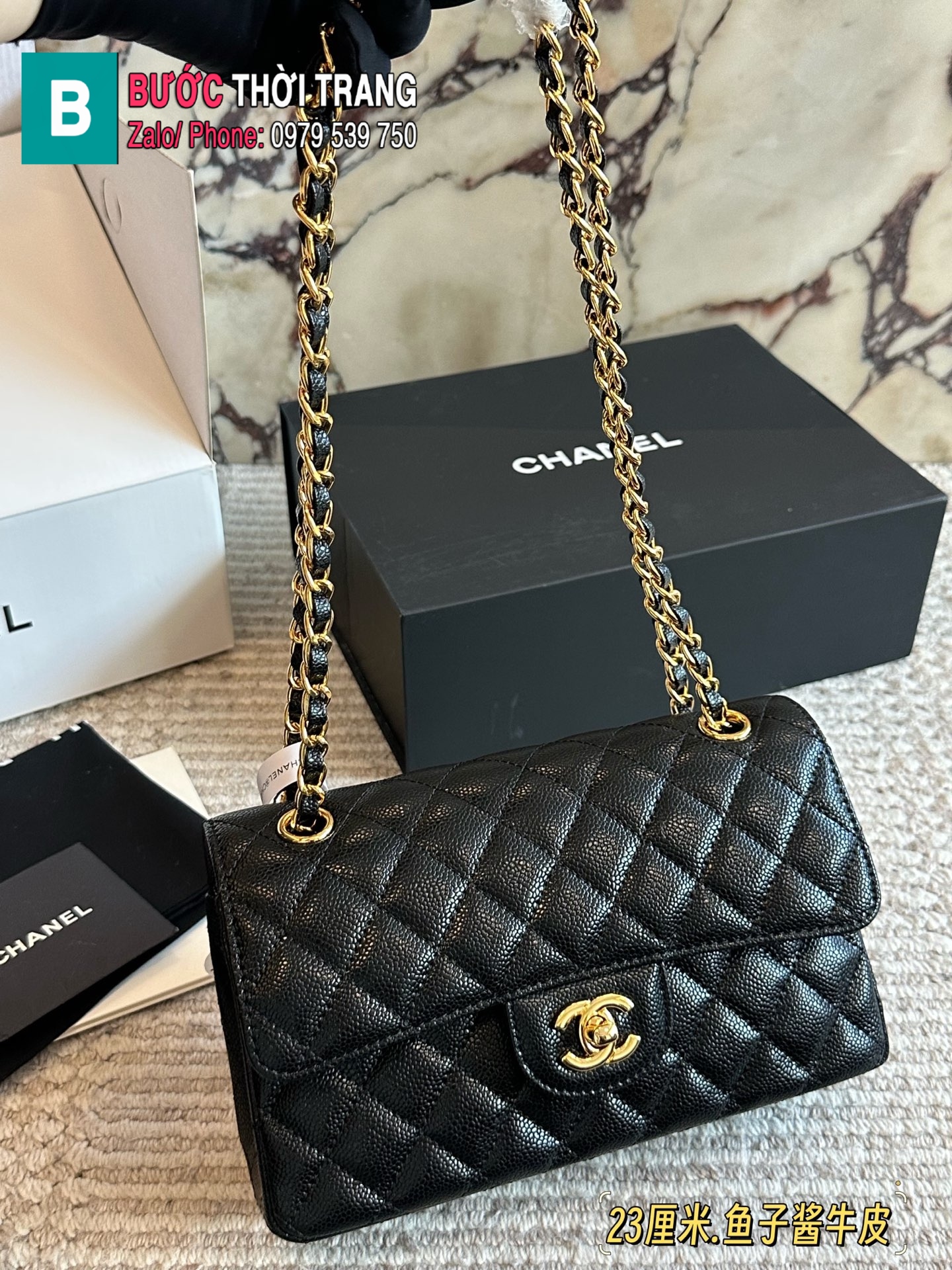 Túi xách CN CF màu đen cao cấp da hạt size 23 cm