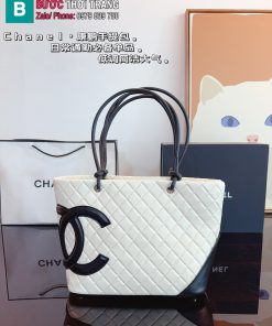 Túi xách cầm tay CN Cambon tote màu trắng ô trám size 28x14x23 cm