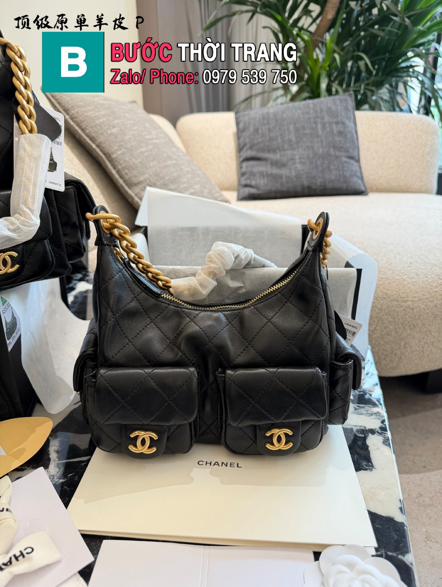 Túi xách cầm tay CN Hobo màu đen vàng da mềm cao cấp size 23cm, 30 cm