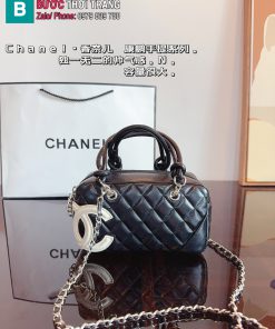 Túi xách đeo chéo CN Cambon Boston màu đen ô trám size 20 cm logo nổi bật