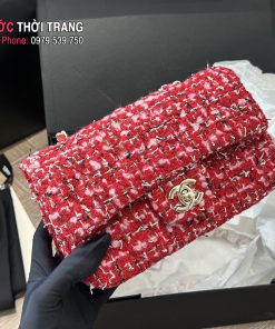 Túi xách đeo chéo CN màu đỏ tươi size 20cm chất liệu vải dạ tweed