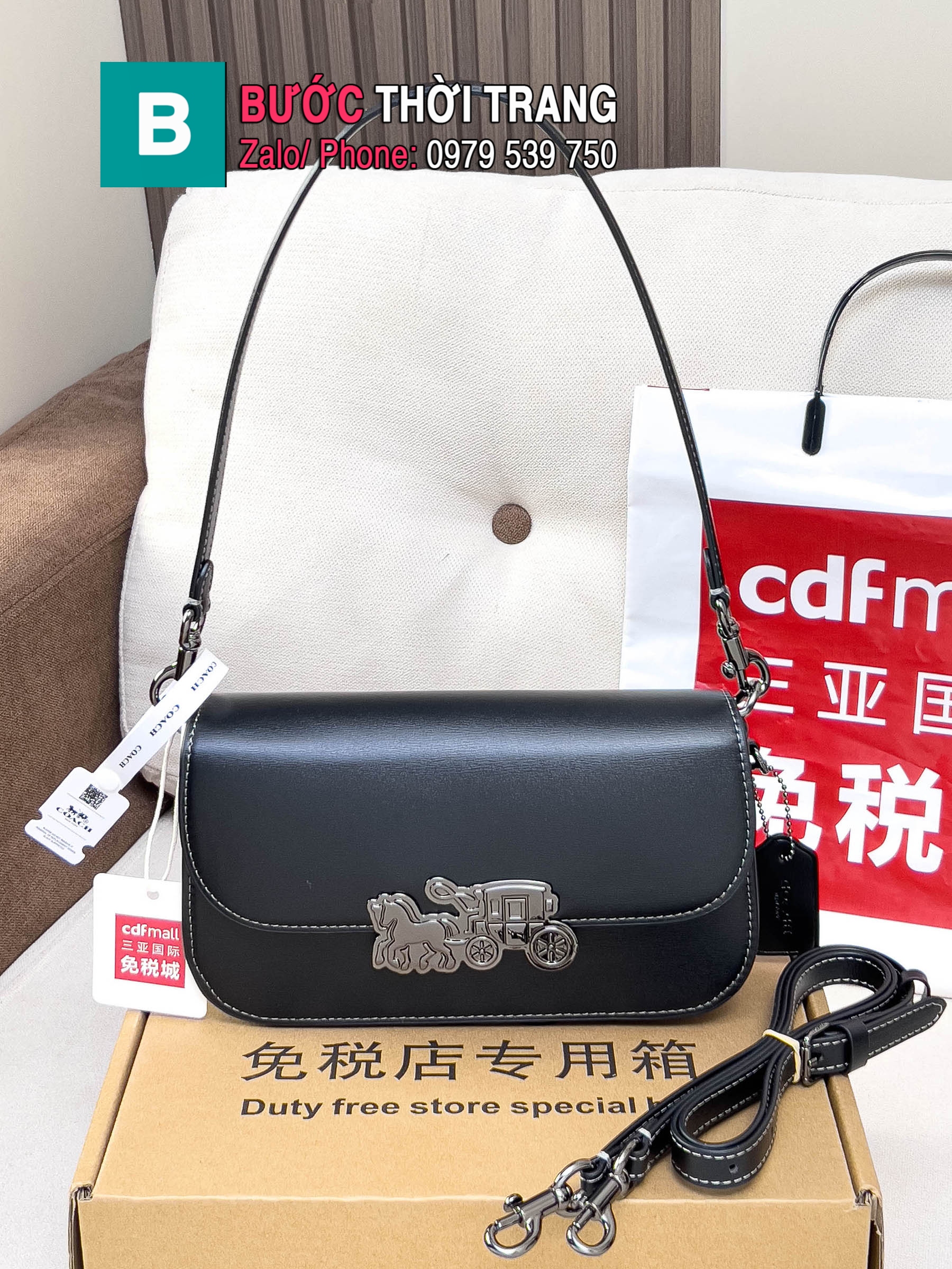 Túi xách COACH Harper da trơn mịn size 24x14x5 cm màu đen