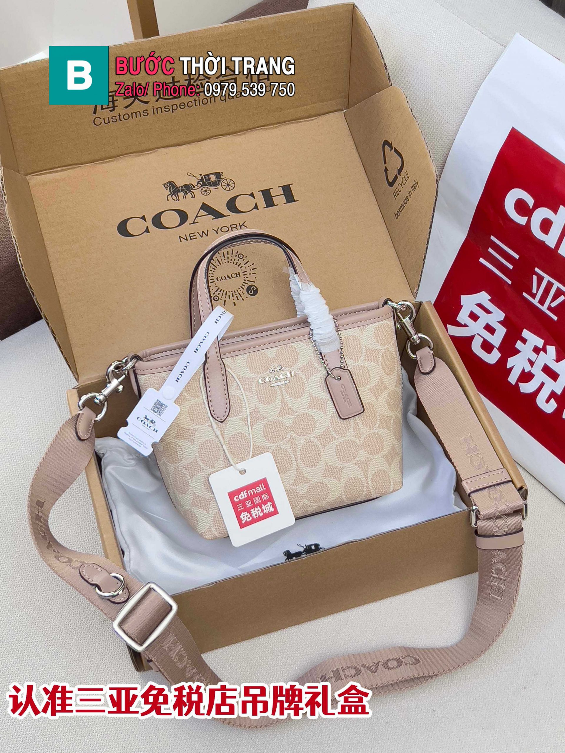 Túi xách COACH tote mini màu nude size 15.5x8.5x14 cm phong cách thanh lịch