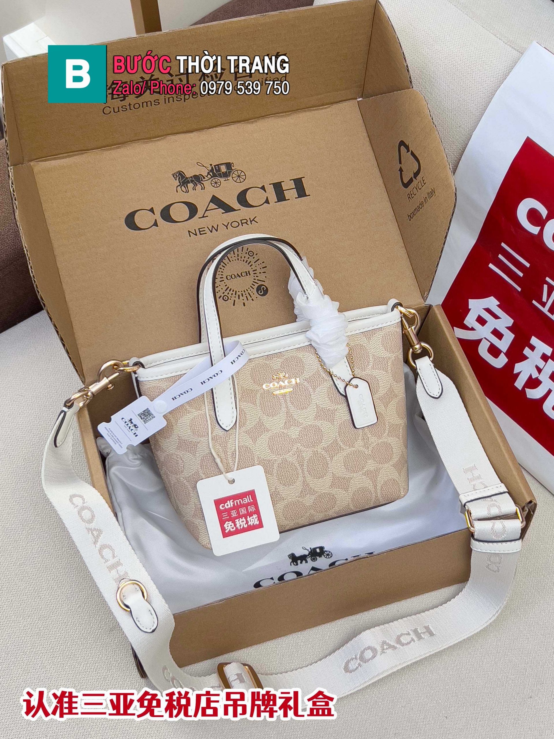 Túi xách COACH tote mini màu trắng nude size 15.5x8.5x14 cm phong cách thanh lịch