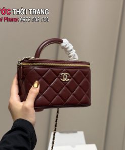 Túi xách hộp trang điểm có gương soi CN màu đỏ đô size 17cm