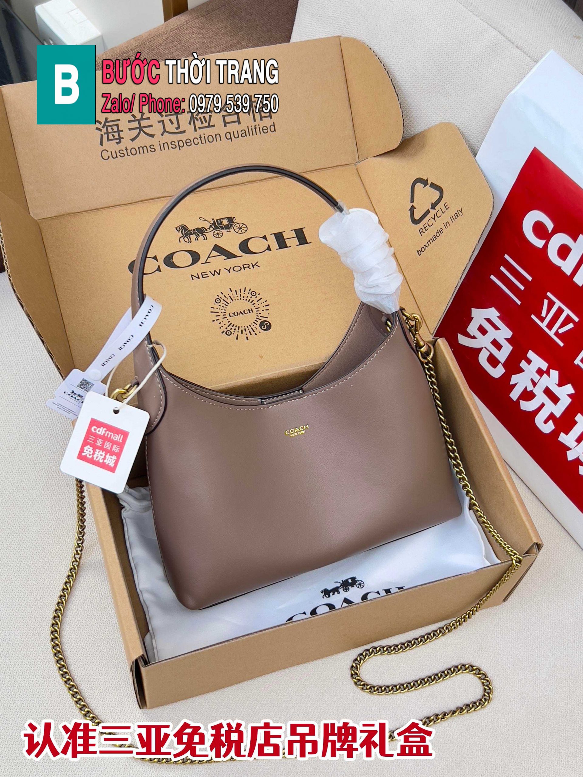 Túi kẹp nách Coach Brooklyn23 màu ghi nâu size 23x18 cm da trơn mịn