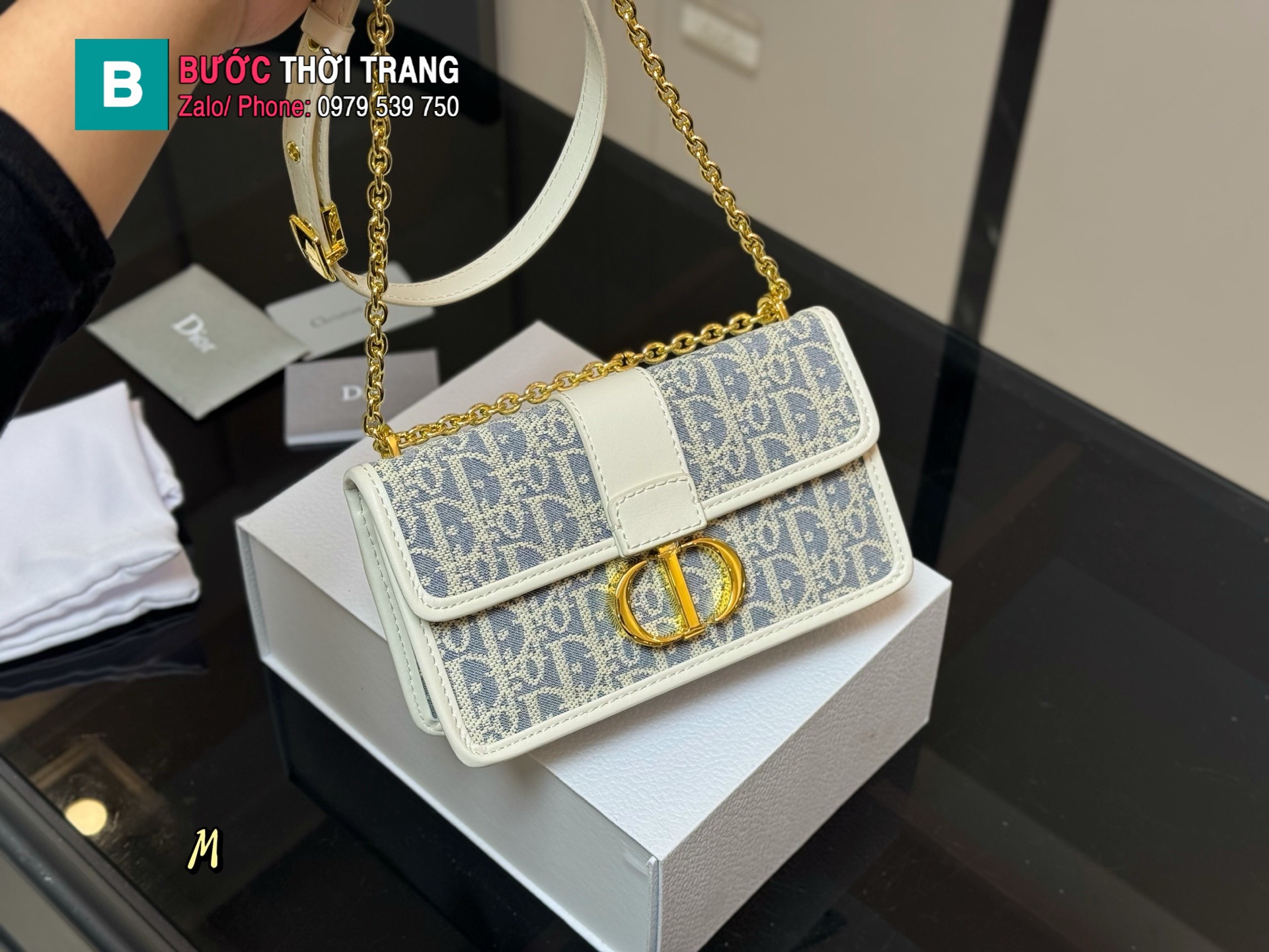 Túi xách đeo chéo Dior Montaigne màu xanh nhạt size 21 cm