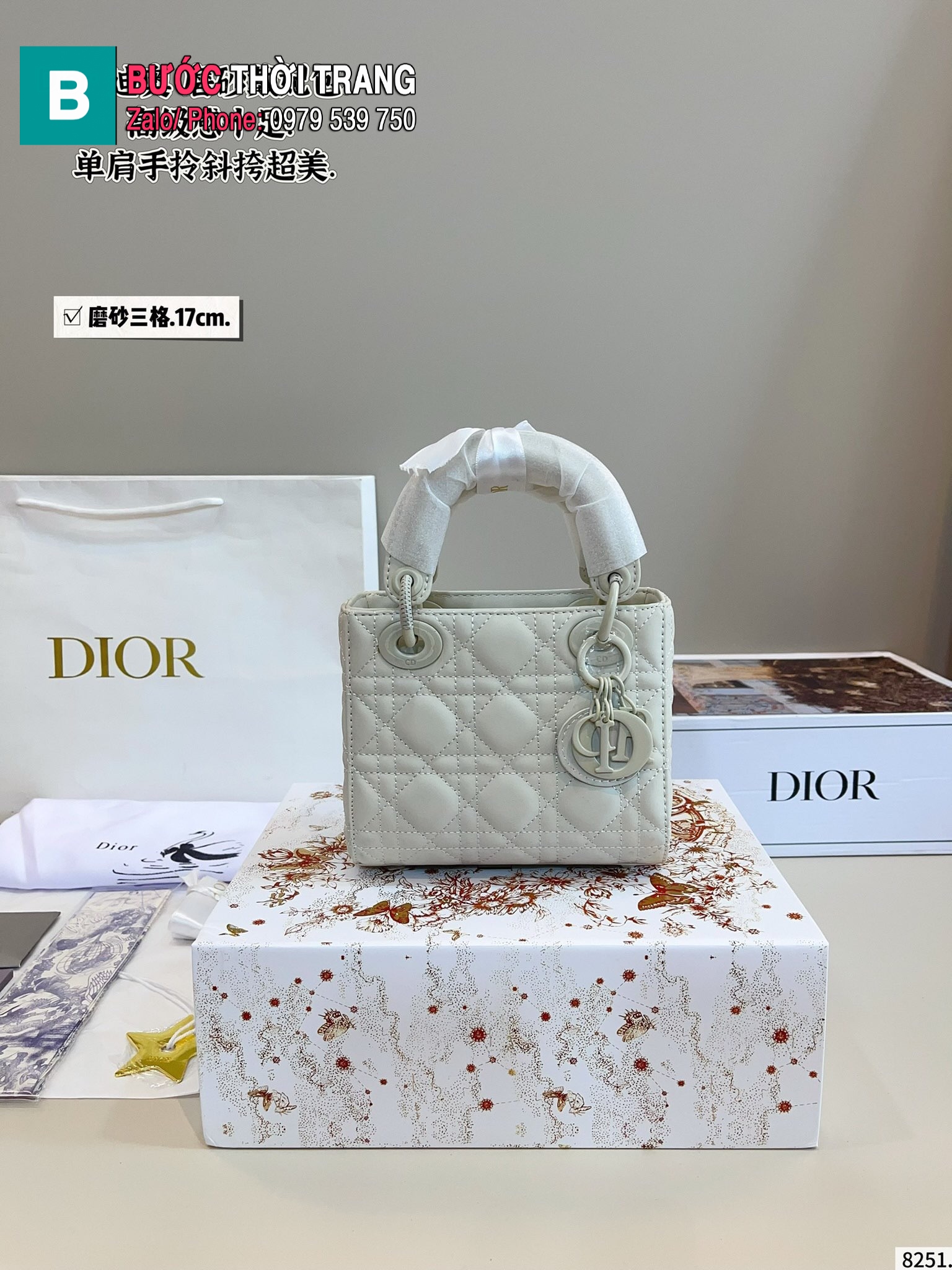 Túi xách Dior lady full màu trắng size17 cm da bò cao cấp