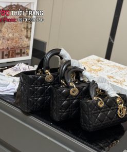  Túi xách cầm tay Dior lady bản ngang size 16,22,25 cm màu đen ô trám da mềm