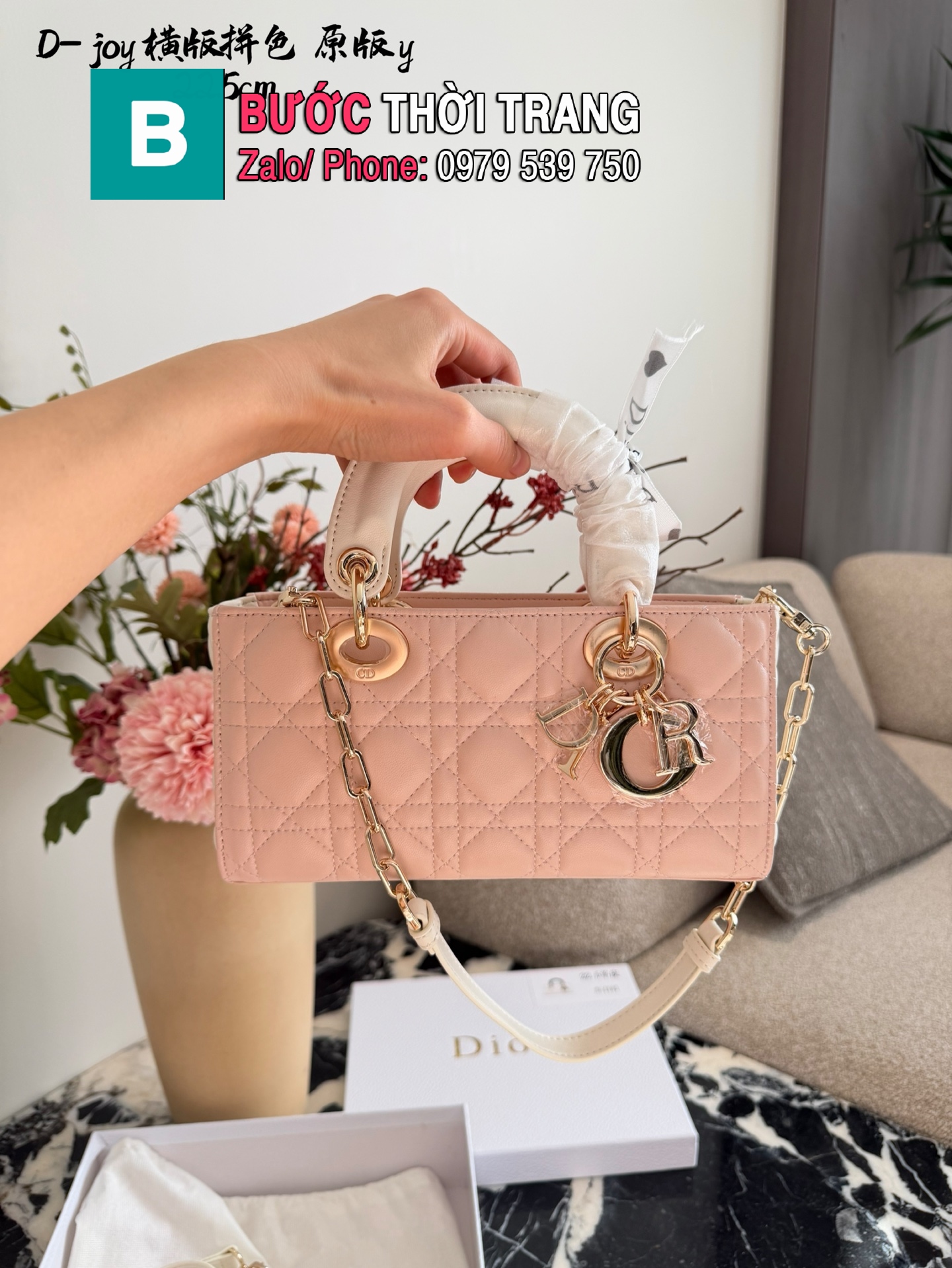 Túi xách cầm tay D-Joy màu hồng ô trám size 22 cm