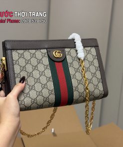 Túi kẹp đeo chéo GG Ophidia denim size: 26×18cm màu nâu canvas