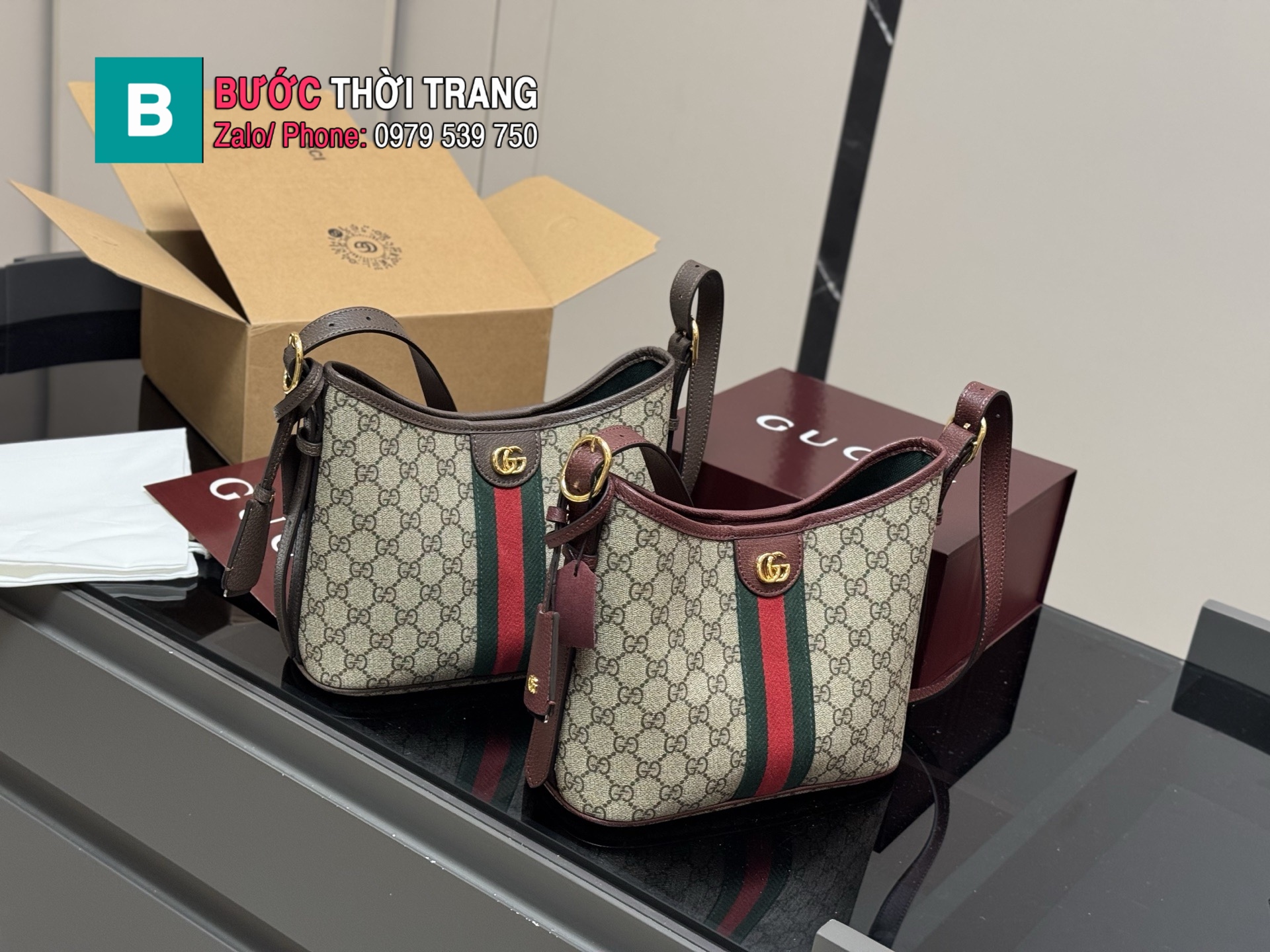 Túi đeo vai Gucci hobo size 25x21 cm màu nâu canvas ngăn rộng