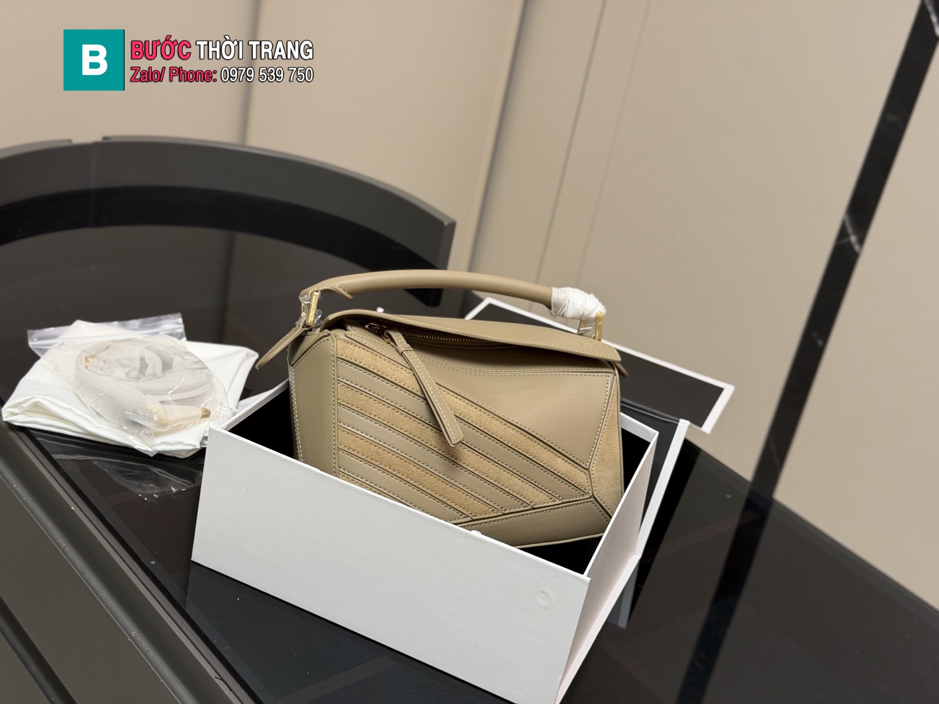 Túi xách Loewe Puzzle màu ghi nâu da bò cao cấp size 24x15 cm