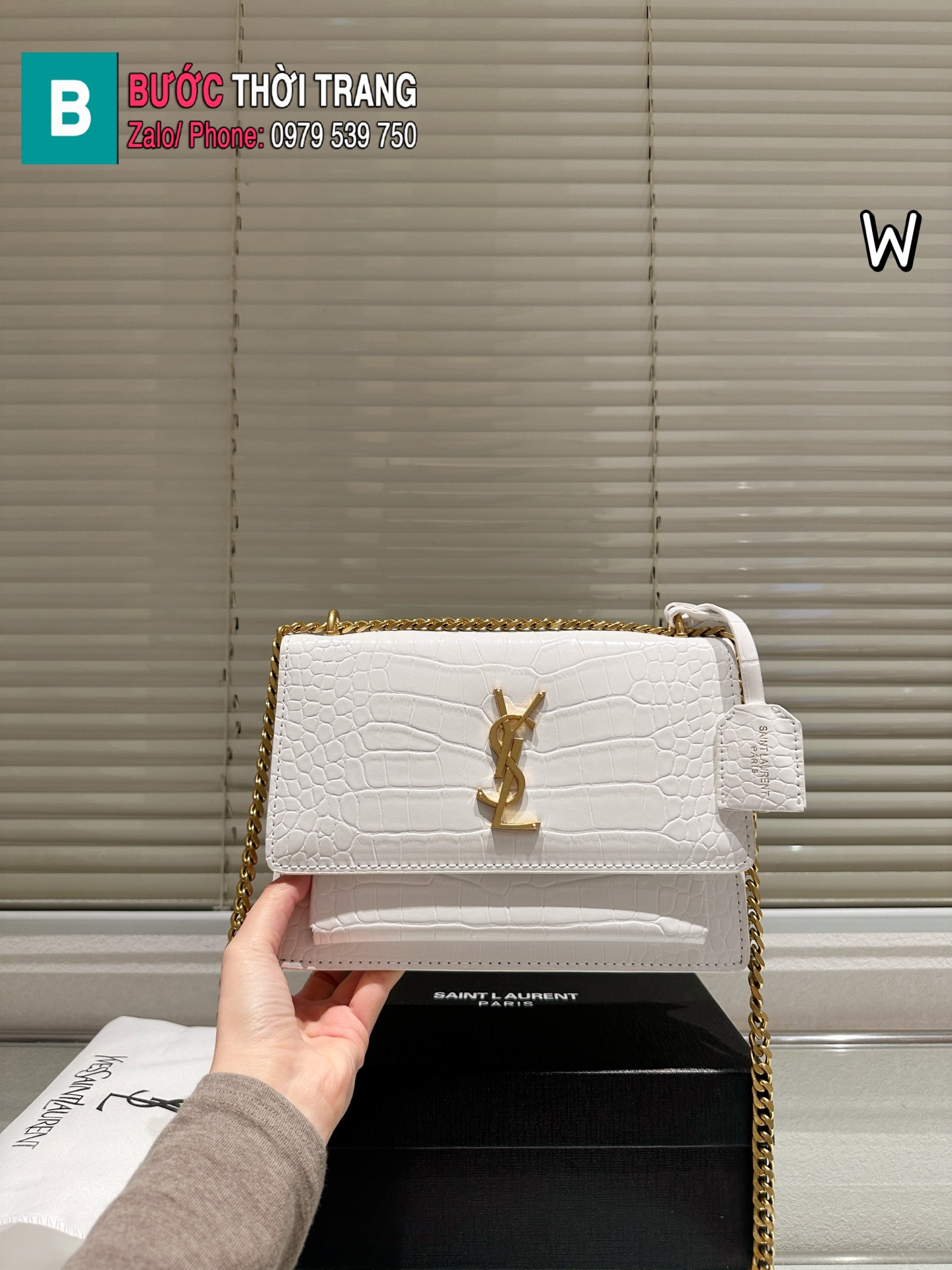 Túi xách YSL sunset màu trắng dập vân da cá sấu size 24 cm
