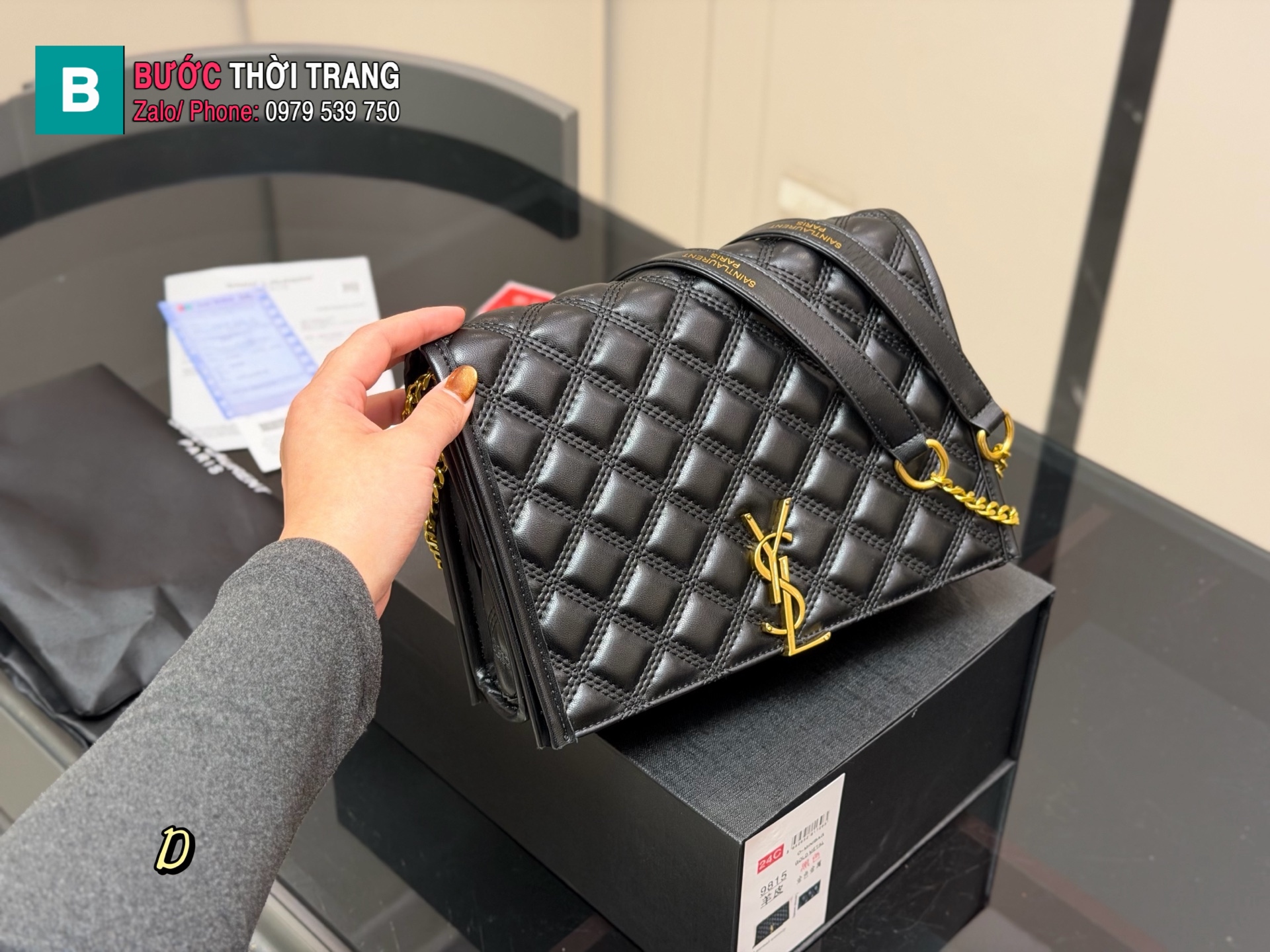 Túi xách đeo chéo YSL backey màu đen ô trám size 24x17 cm