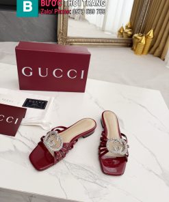 Dép GUCCI nữ đế bệt màu đỏ đô đính ngọc lấp lánh