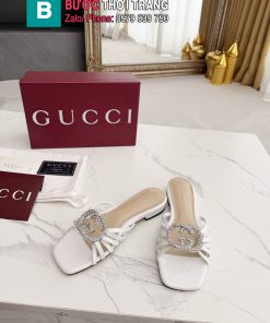 Dép GUCCI nữ đế bệt màu trắng ngà đính ngọc lấp lánh