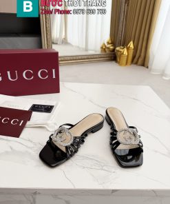 Dép GUCCI nữ đế bệt màu đen đính ngọc lấp lánh