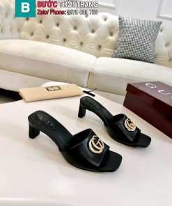 Dép cao gót GUCCI màu đen da bò xịn mịn logo to nổi bật
