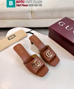 Dép cao gót GUCCI màu nâu da bò xịn mịn logo to nổi bật